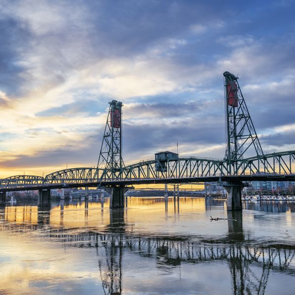 The Hawthorne Bridge over the Willamette River at sunset